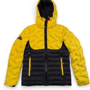Superdry Radar Quilt Fuji Puffer Jacket Mens Medium Cyber Yellow Black NWT